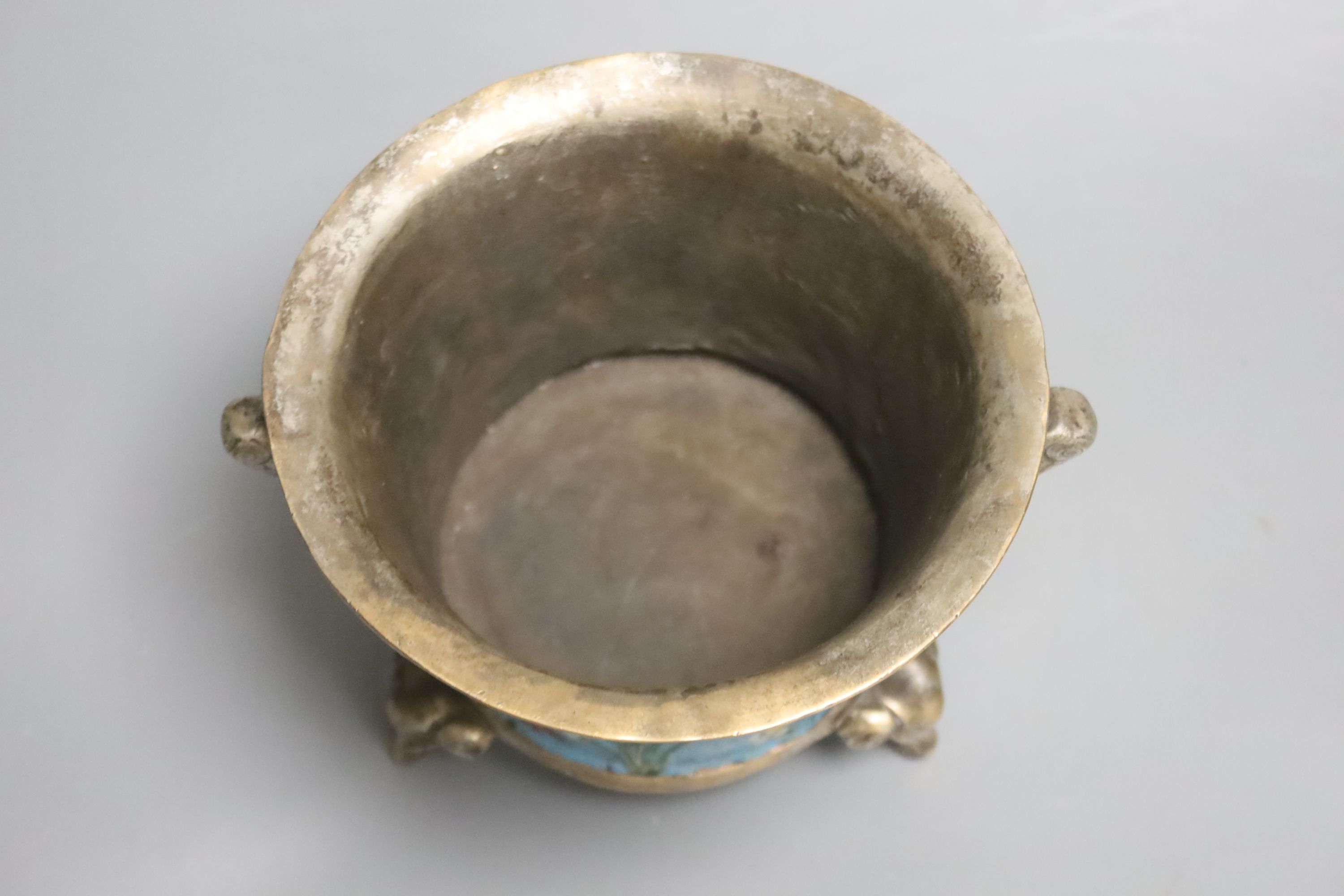 A heavy Chinese silvered bronze twin handled censer with floral decoration, a four character Xuande mark, diameter 14cm 12cm high